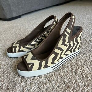 Coach Brown and Cream Wedge Slip-Ons with Zigzag Pattern